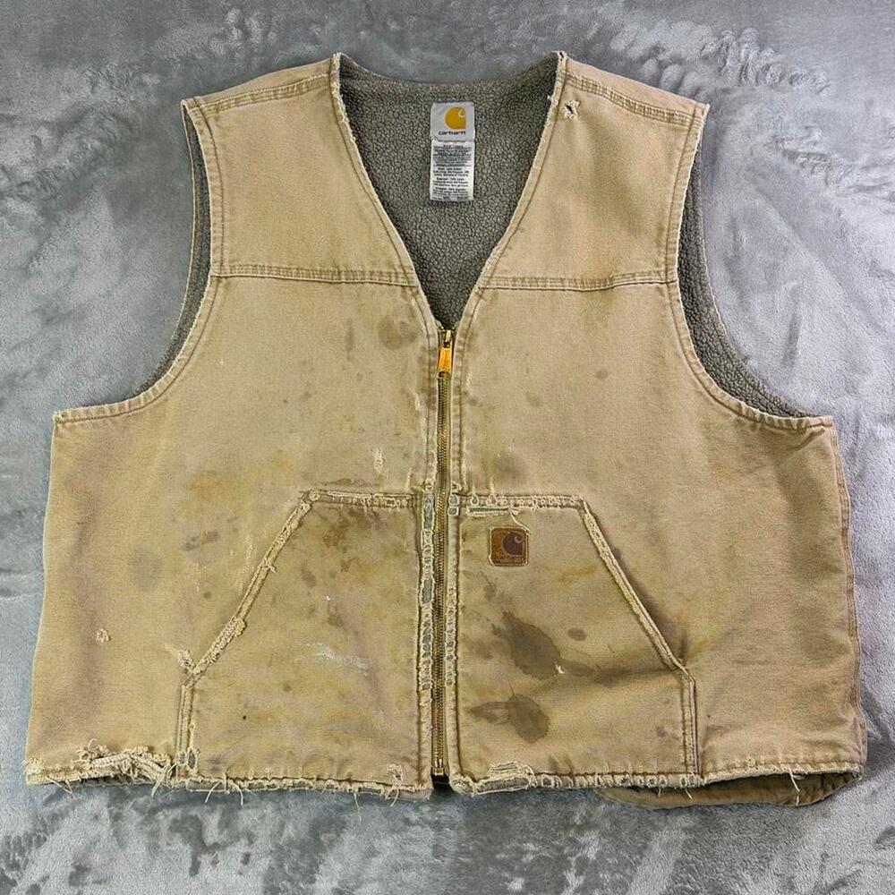 Vintage Thrashed Carhartt V26 CML Sandstone Sherpa Lined Canvas Vest Size 2XL
